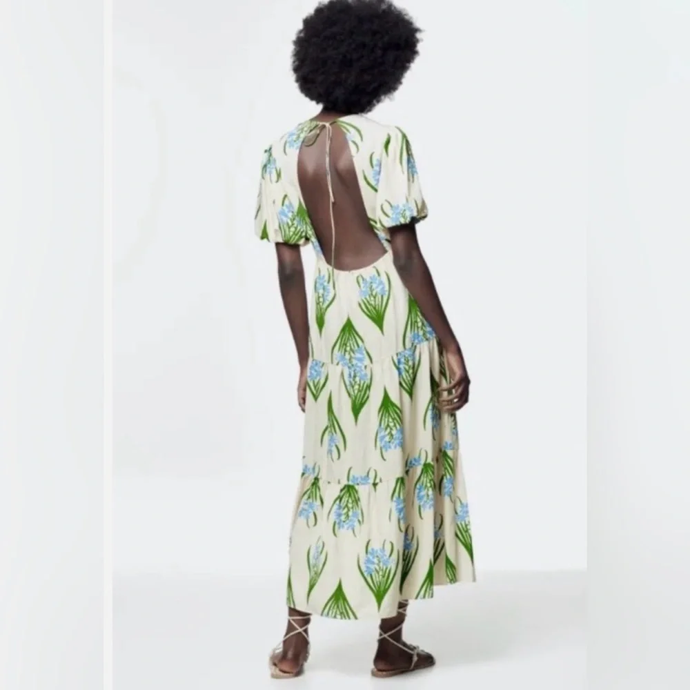 Zara Cream Backless Dress with Green and Blue Floral Design Medium - Picture 2 of 7